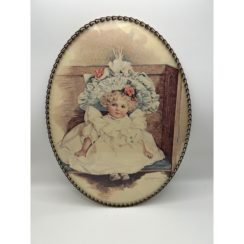 Vintage Maud Humphrey 98 Oval Metal Wall Hanging Picture Girl in Church 11x8.5